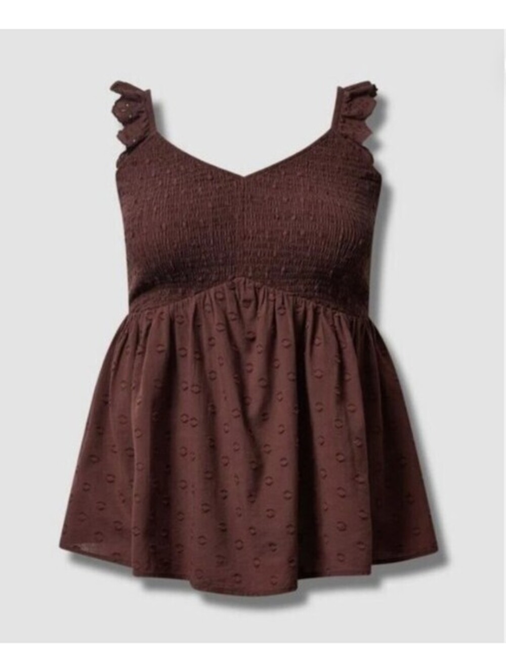 Torrid Babydoll 100% Cotton Clip Dot Smocked Bodice Tank 2X Chocolate Brown
